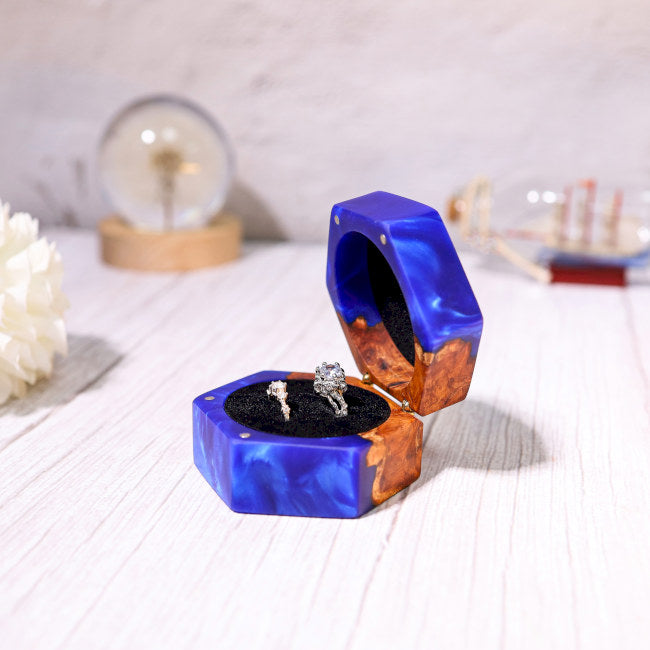 Custom Hexagonal Blue Resin Double Ring Box - Image 6