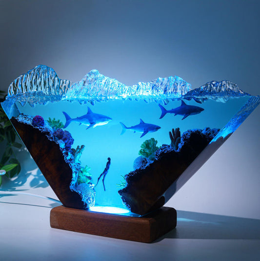 Inverted Triangle White Shark &amp; Diver Epoxy Lamp